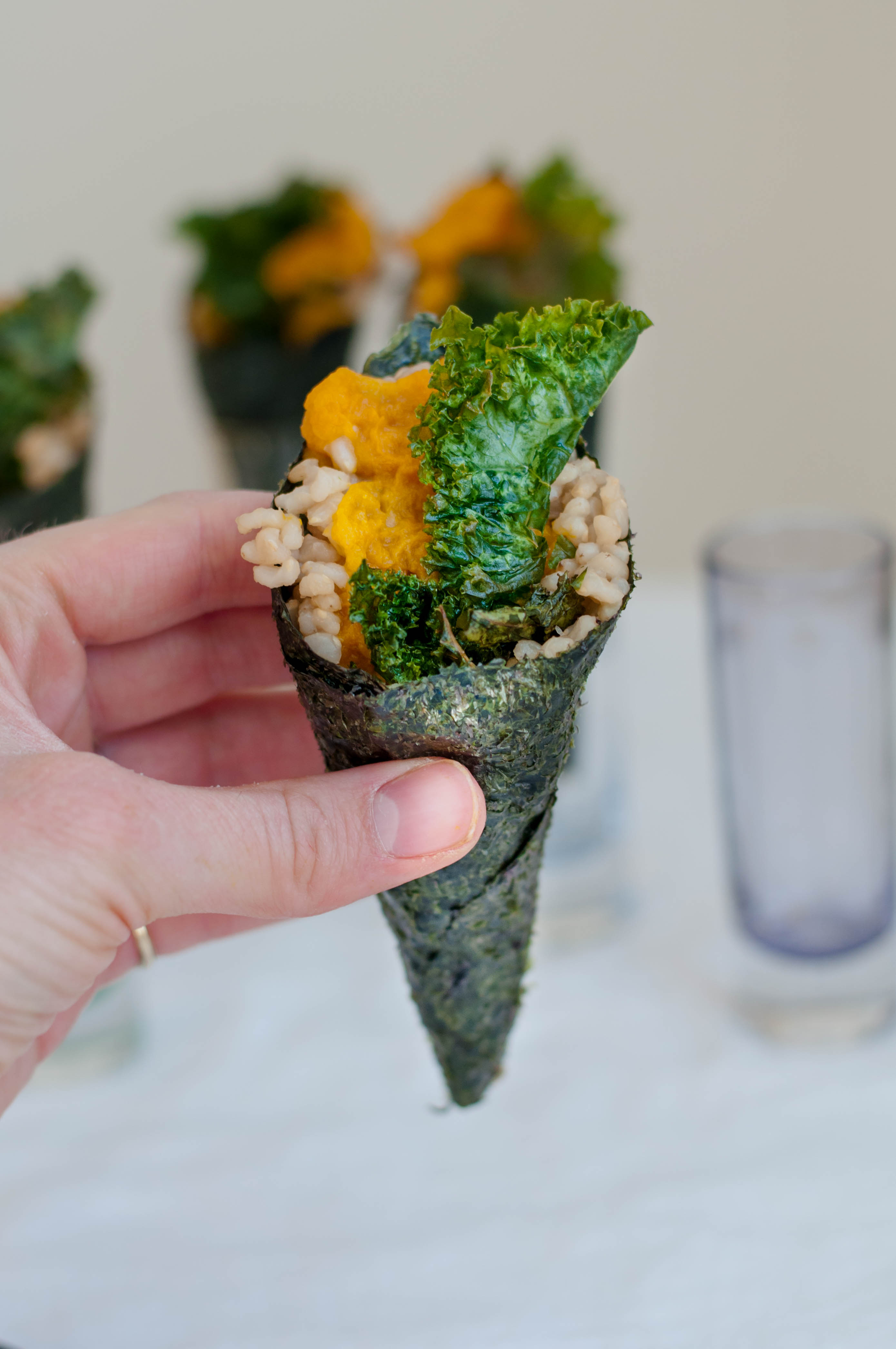 Japanese Pumpkin Temaki With Ginger Kale Chips - The Scratch Artist