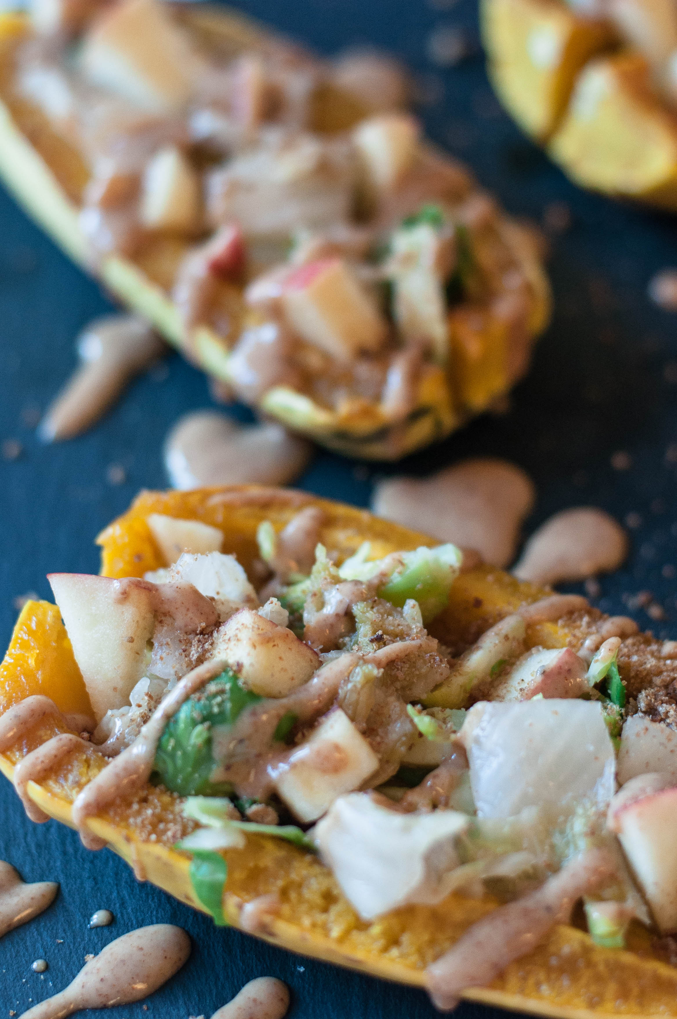 DELICATA SQUASH KIMCHI BOWLS WITH CRISPY BREADCRUMBS & ALMOND SAUCE - The Scratch Artist