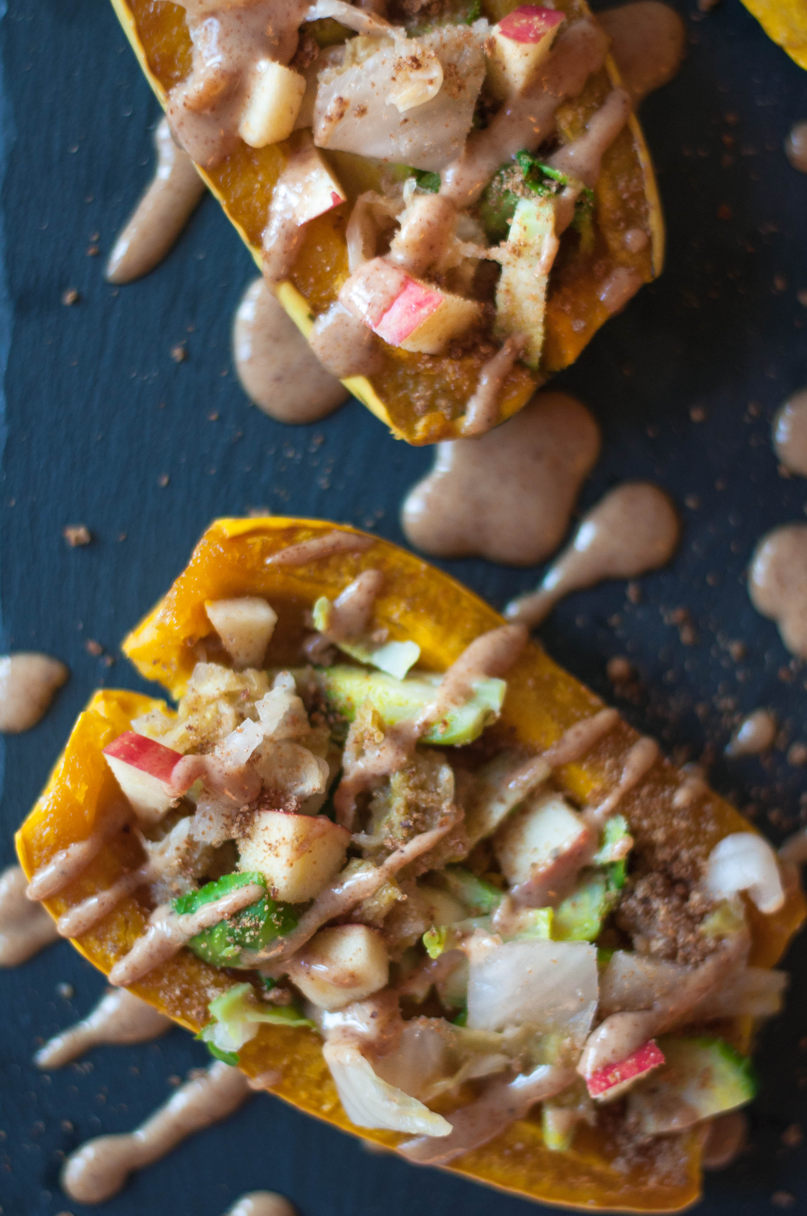 DELICATA SQUASH KIMCHI BOWLS WITH CRISPY BREADCRUMBS & ALMOND SAUCE - The Scratch Artist