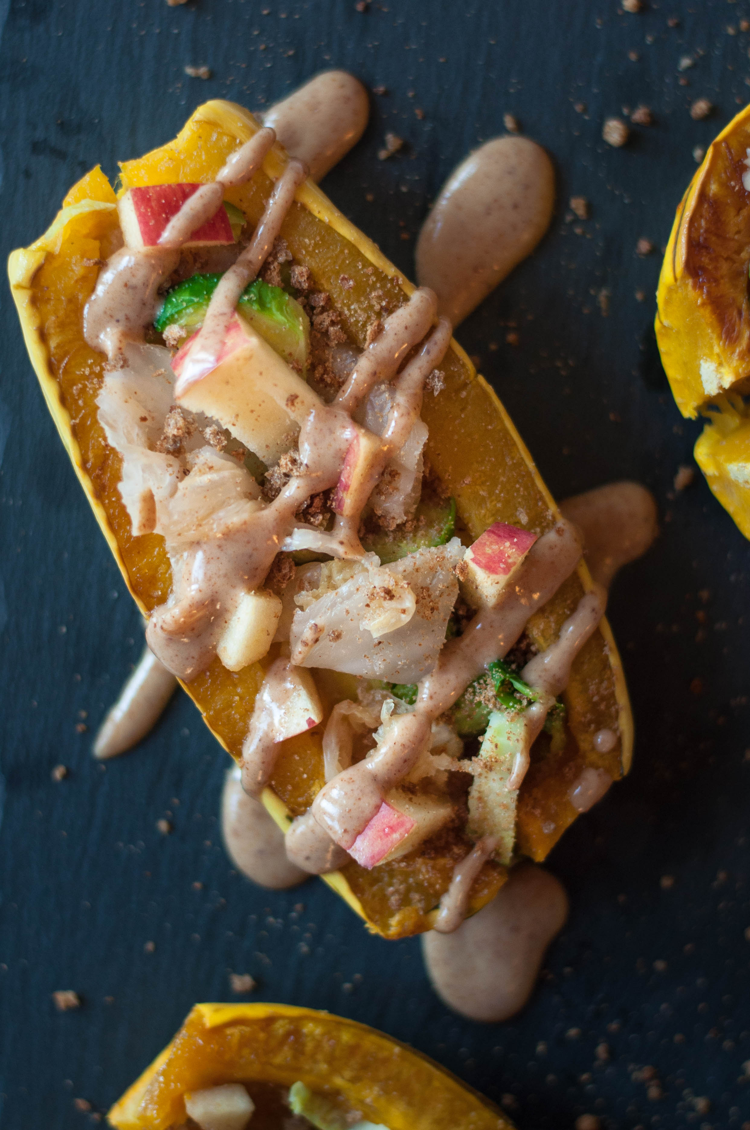 DELICATA SQUASH KIMCHI BOWLS WITH CRISPY BREADCRUMBS & ALMOND SAUCE - The Scratch Artist